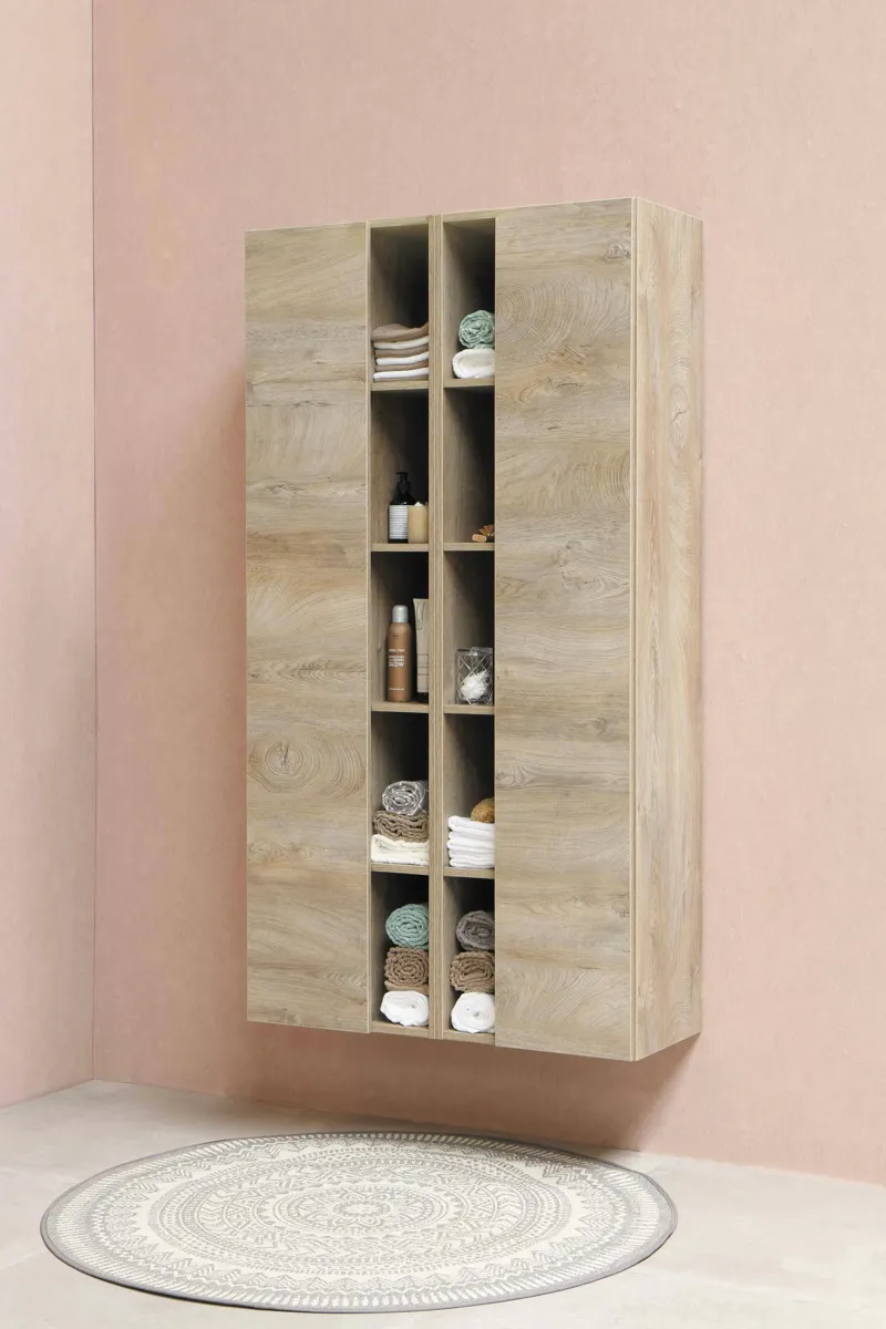 Light Oak Bathroom Storage Cabinet with Open Shelving