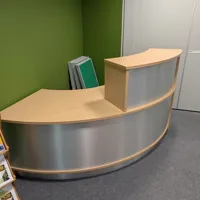 Curved Reception Desk with Shelving - Light Oak & Grey