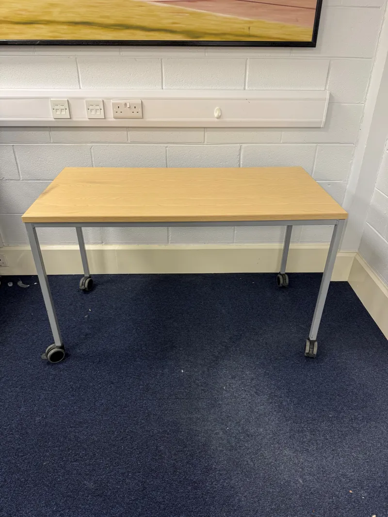 Light Wood Mobile Table with Grey Metal Frame and Castors